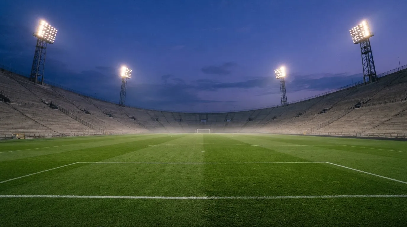 Een leeg voetbalstadion met lichtmasten bij schemering