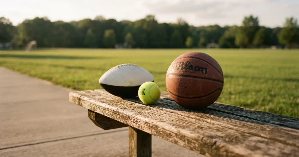 Drie ballen van verschillende soorten naast elkaar op een houten bank