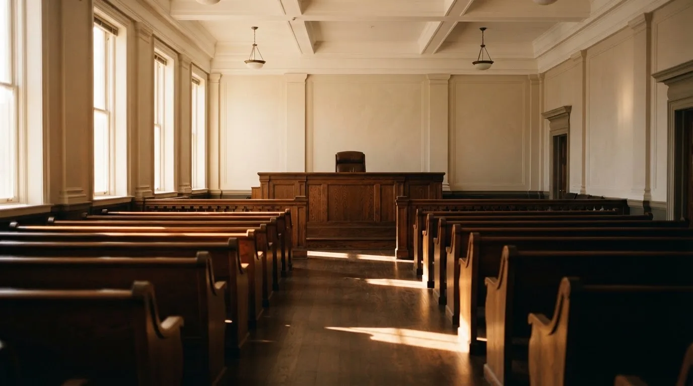 Een lege rechtszaal met houten banken in het ochtendlicht