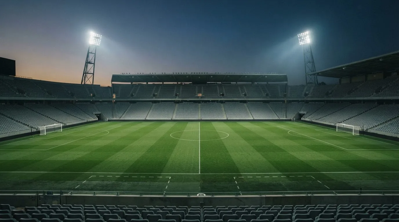 Een leeg voetbalstadion met lichtmasten bij schemering