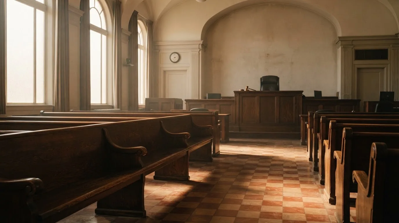 Een lege rechtszaal met houten banken in het ochtendlicht