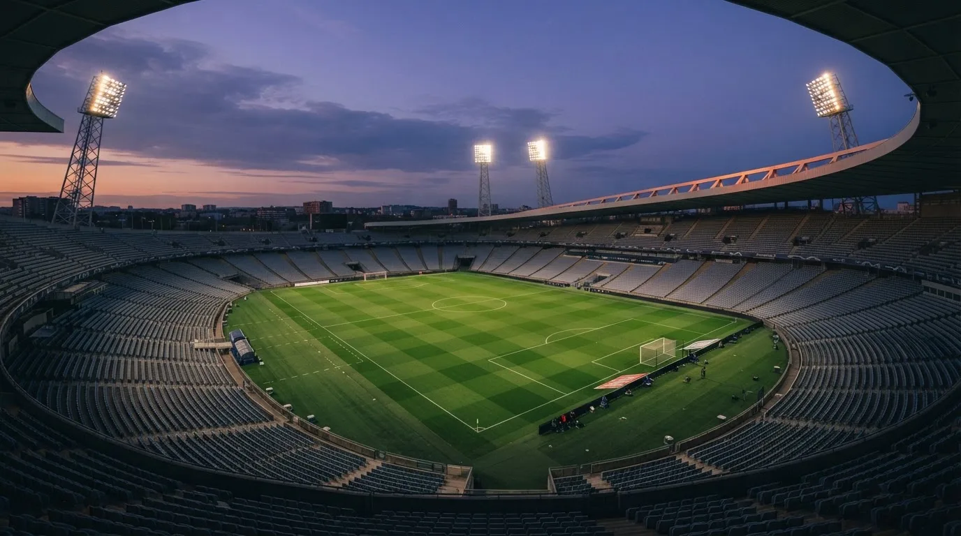 Een leeg voetbalstadion met lichtmasten bij schemering
