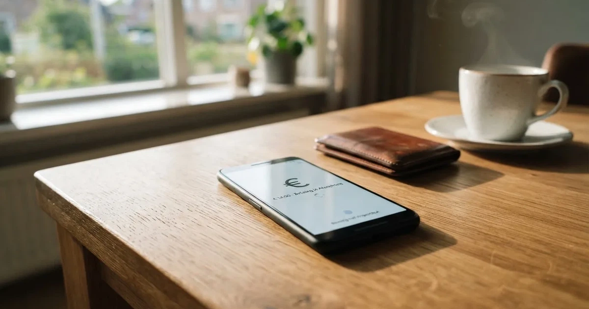 Een smartphone op een houten tafel naast een portemonnee en een kopje koffie