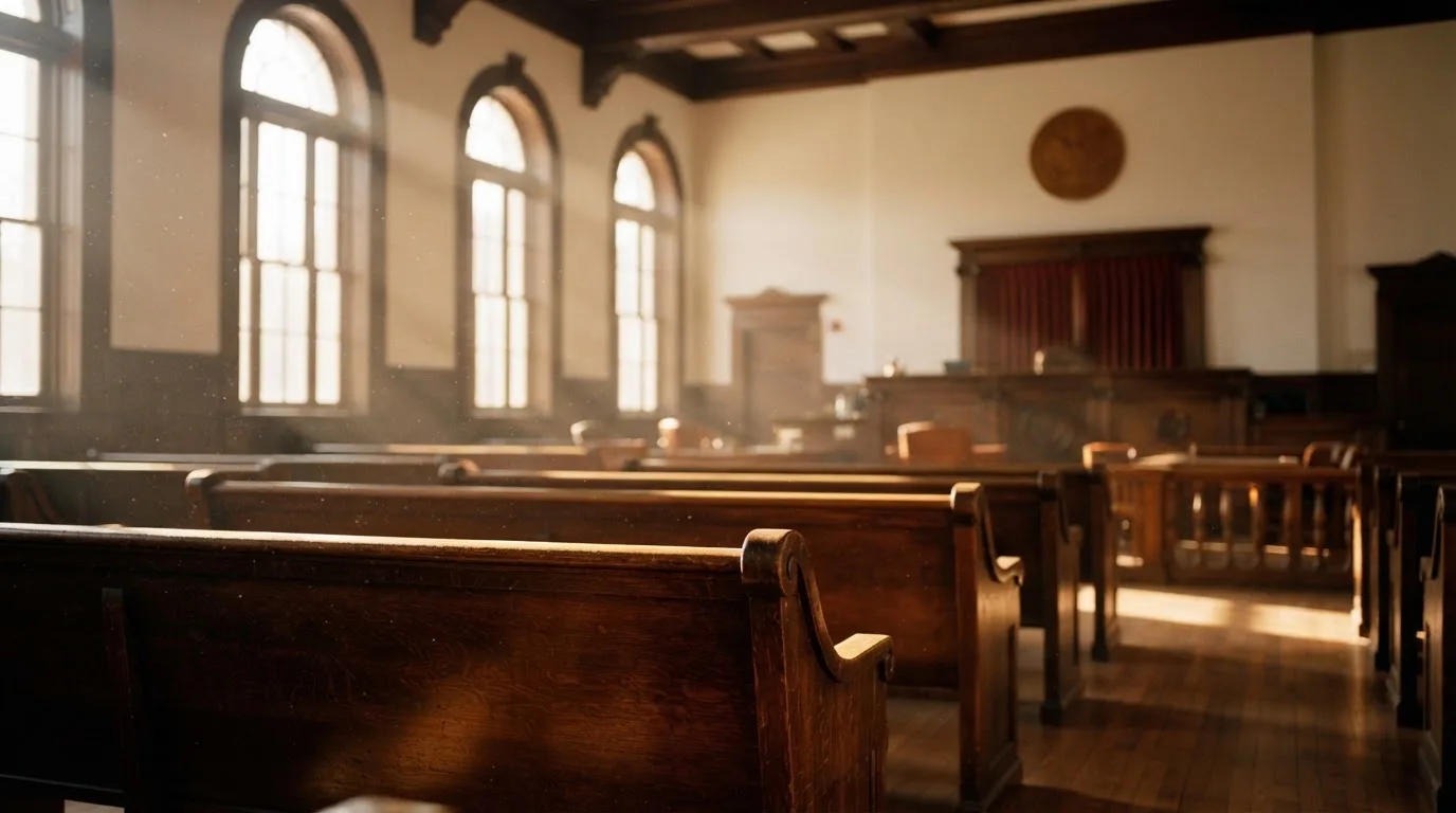 Een lege rechtszaal met houten banken in het ochtendlicht