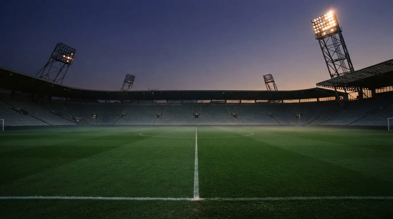 Een leeg voetbalstadion met lichtmasten bij schemering