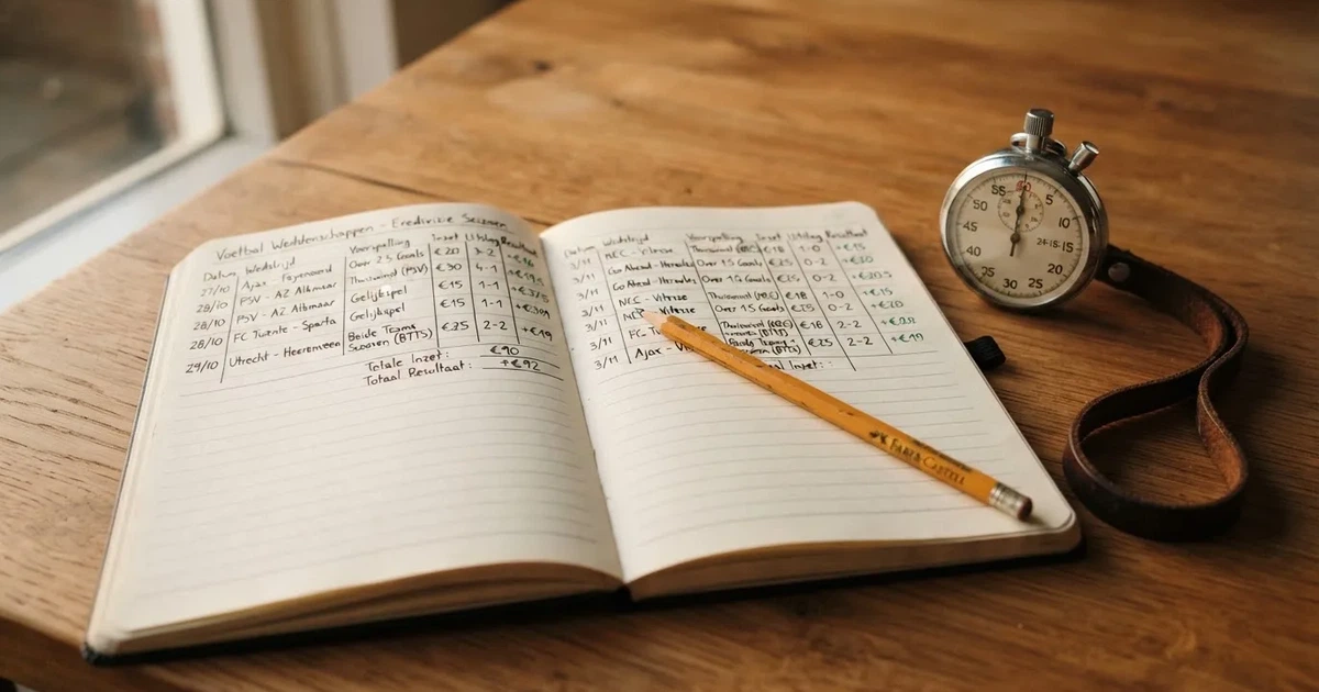 Een opengeslagen notitieboek met een potlood en een stopwatch op een houten tafel