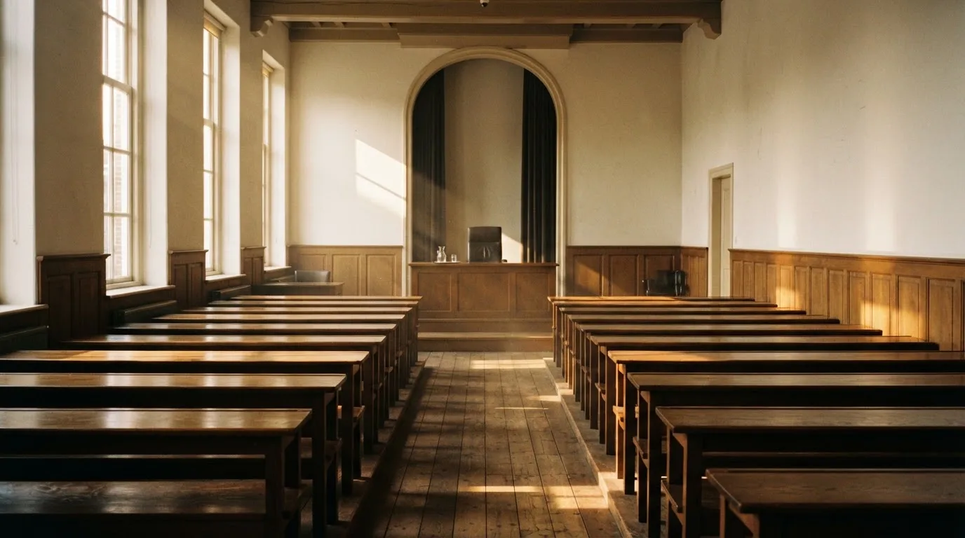 Een lege rechtszaal met houten banken in het ochtendlicht