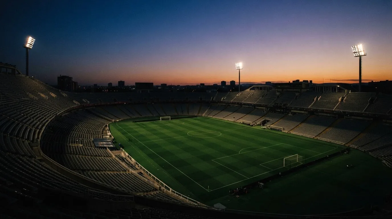 Een leeg voetbalstadion met lichtmasten bij schemering