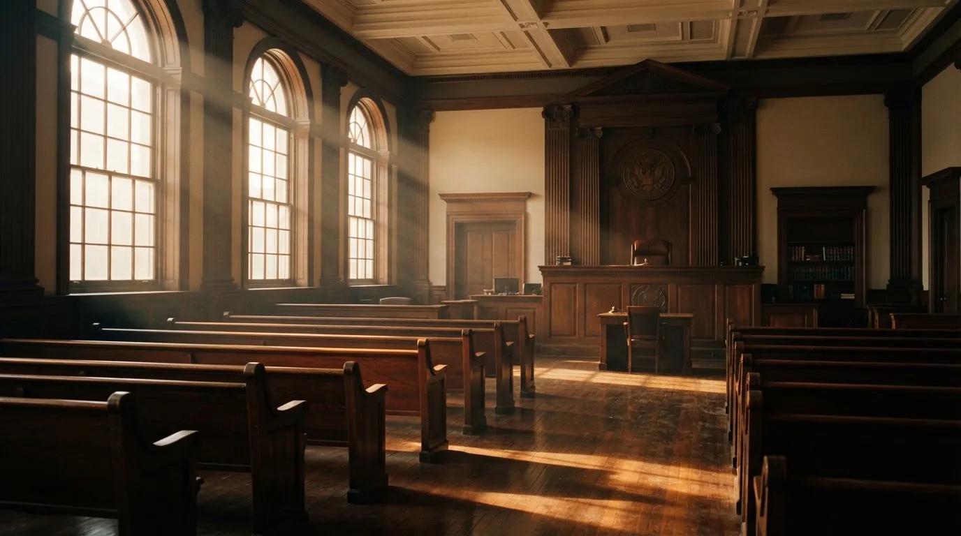 Een lege rechtszaal met houten banken in het ochtendlicht