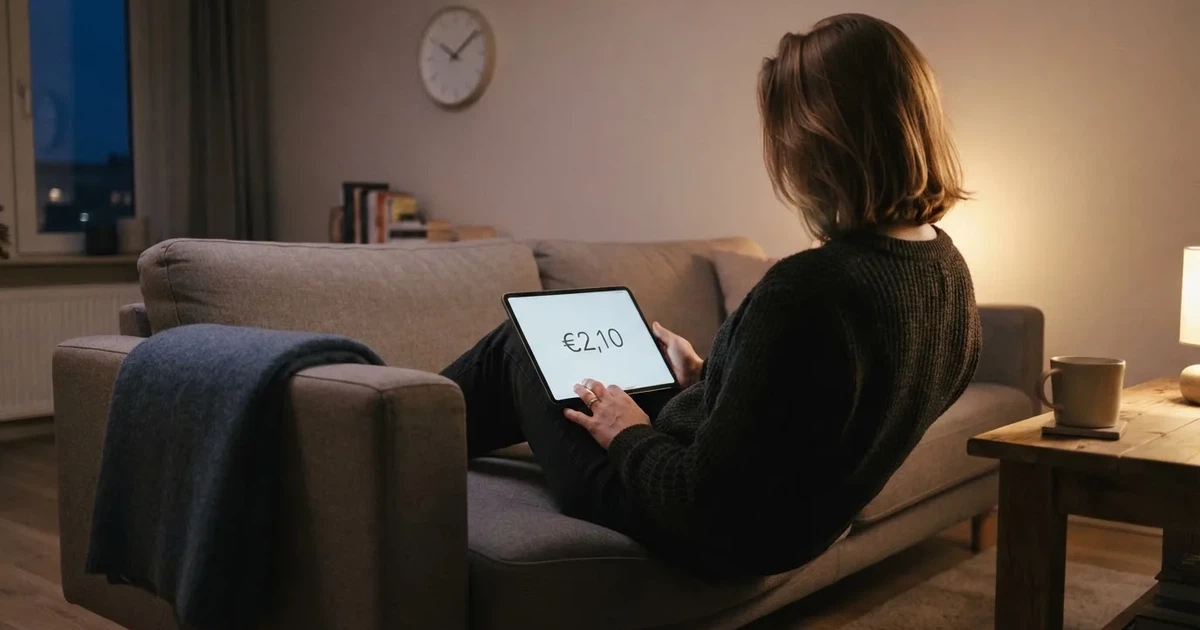 Een persoon op de bank kijkt peinzend naar een tablet, op de achtergrond een klok aan de muur