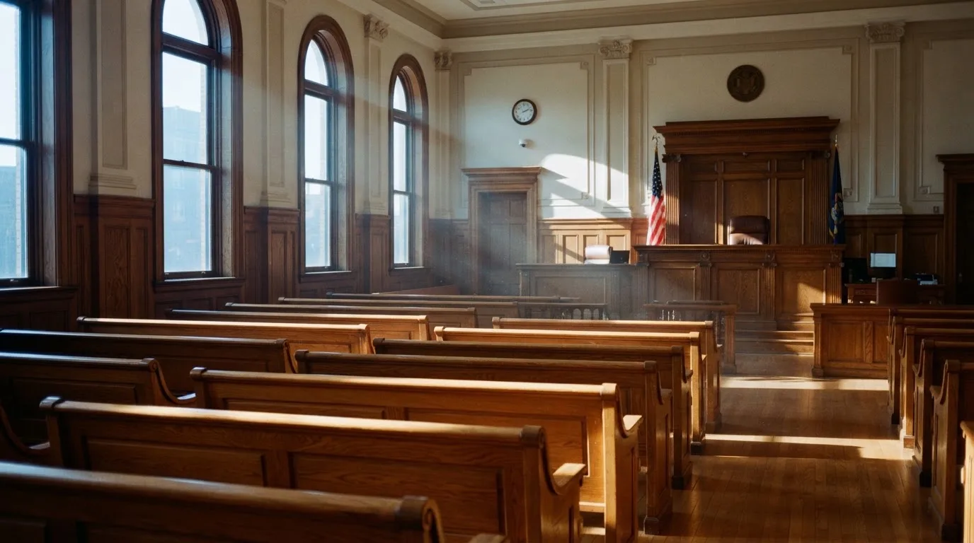 Een lege rechtszaal met houten banken in het ochtendlicht