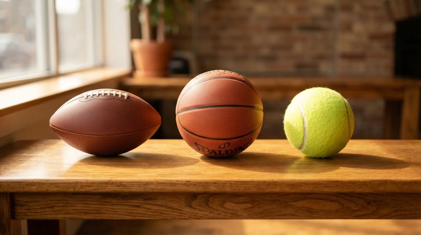 Drie ballen van verschillende soorten naast elkaar op een houten bank
