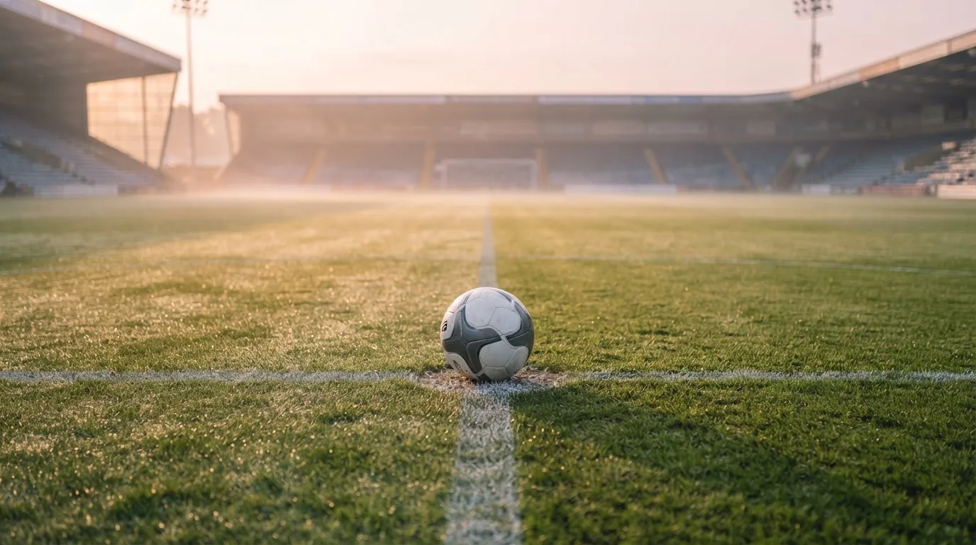 Een voetbal op de middenstip van een grasveld in het ochtendlicht