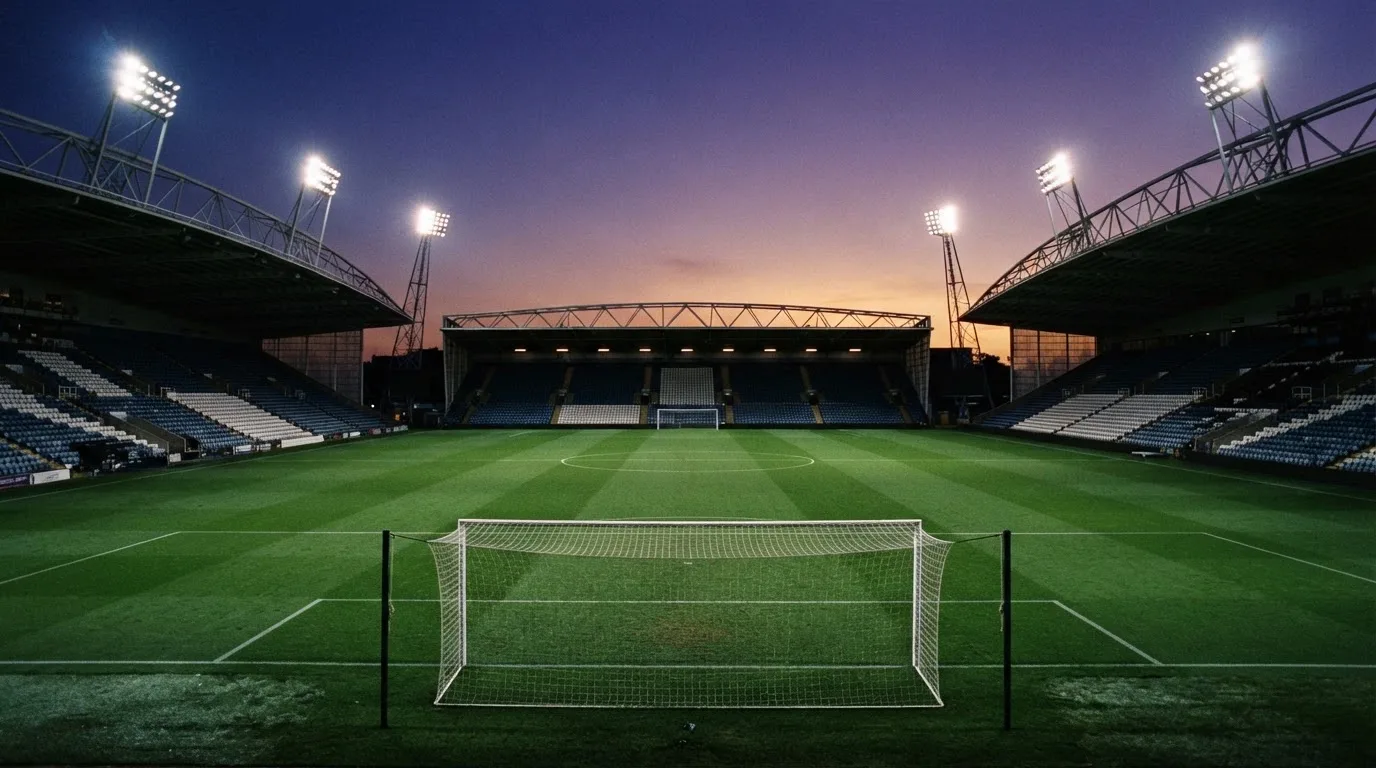 Een leeg voetbalstadion met lichtmasten bij schemering