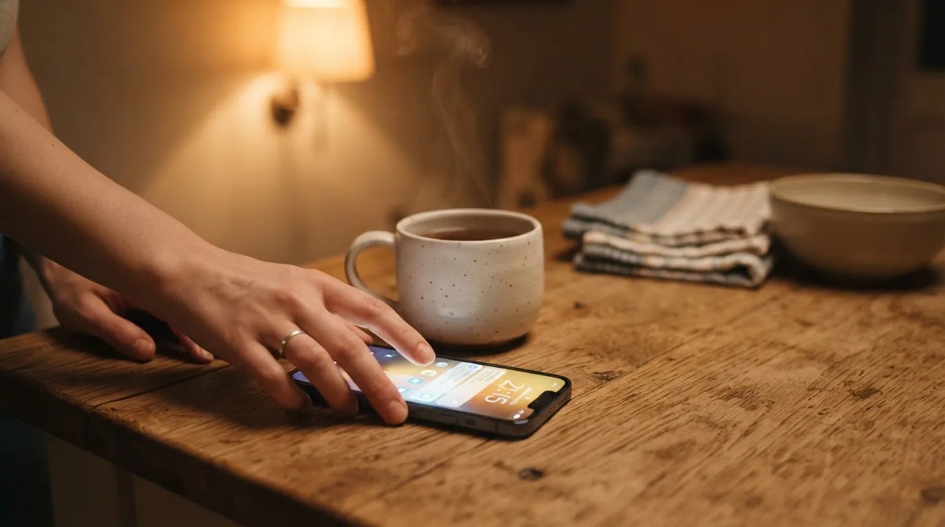 Een hand legt een smartphone naast een kopje thee op een keukentafel, een rustige avond