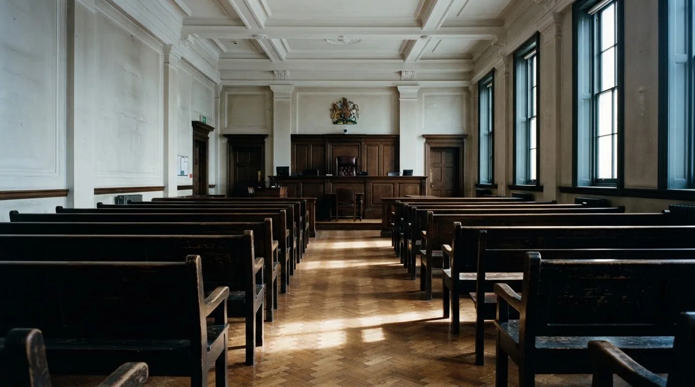 Een lege rechtszaal met houten banken in het ochtendlicht