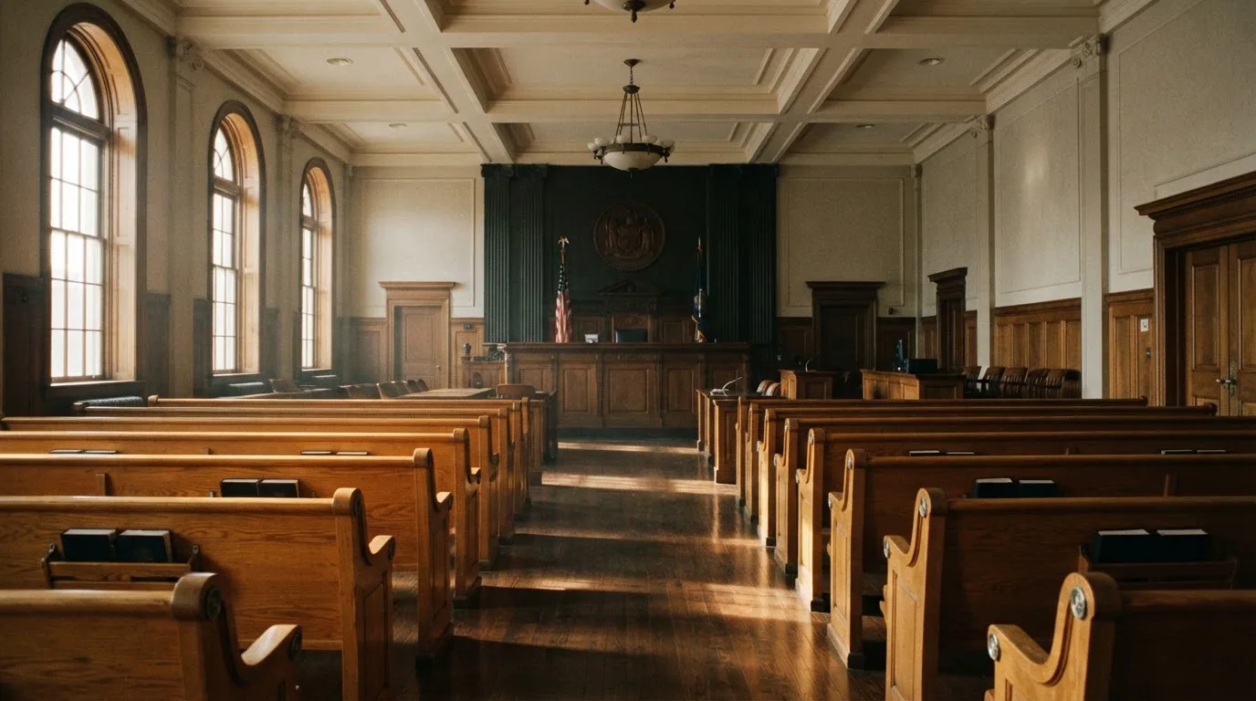 Een lege rechtszaal met houten banken in het ochtendlicht