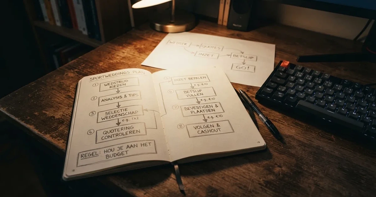 Een notitieblok met een met de hand getekend stappenplan naast een toetsenbord