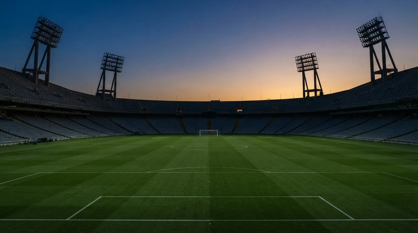 Een leeg voetbalstadion met lichtmasten bij schemering