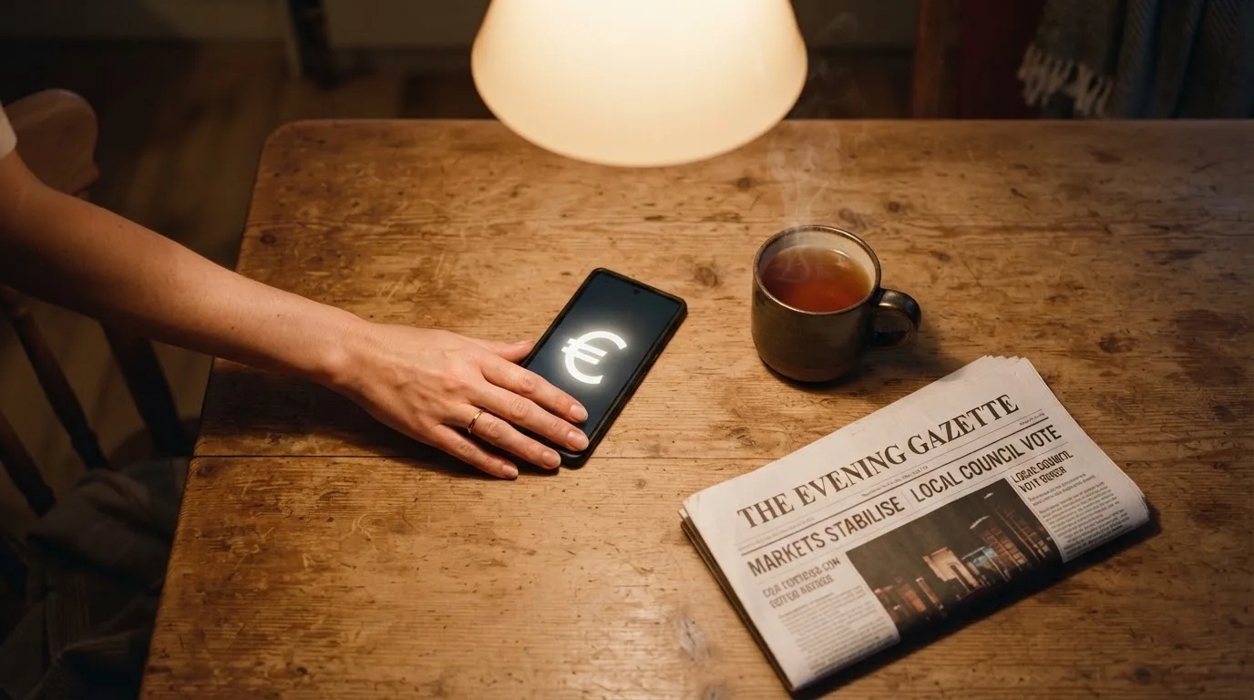 Een hand legt een smartphone naast een kopje thee op een keukentafel, een rustige avond