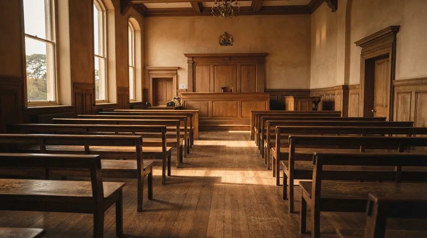 Een lege rechtszaal met houten banken in het ochtendlicht