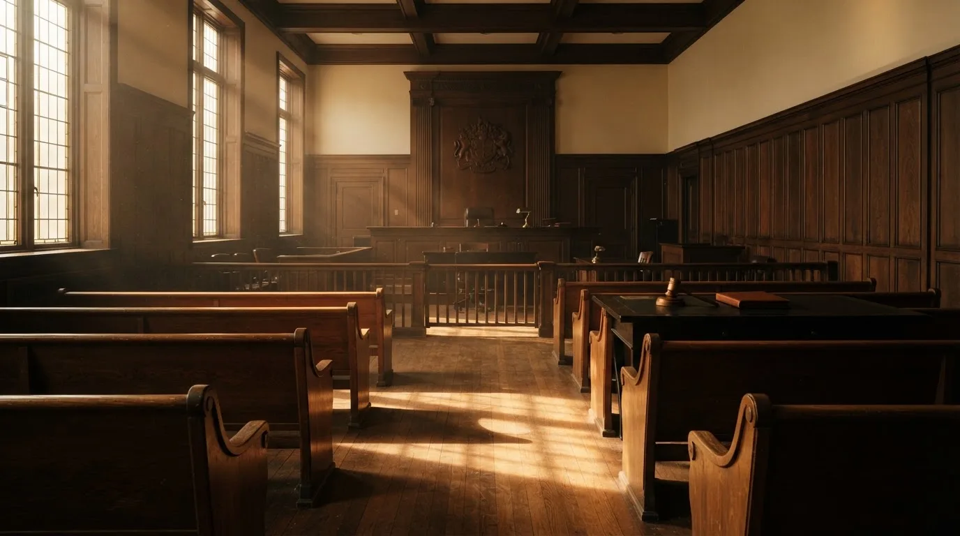 Een lege rechtszaal met houten banken in het ochtendlicht