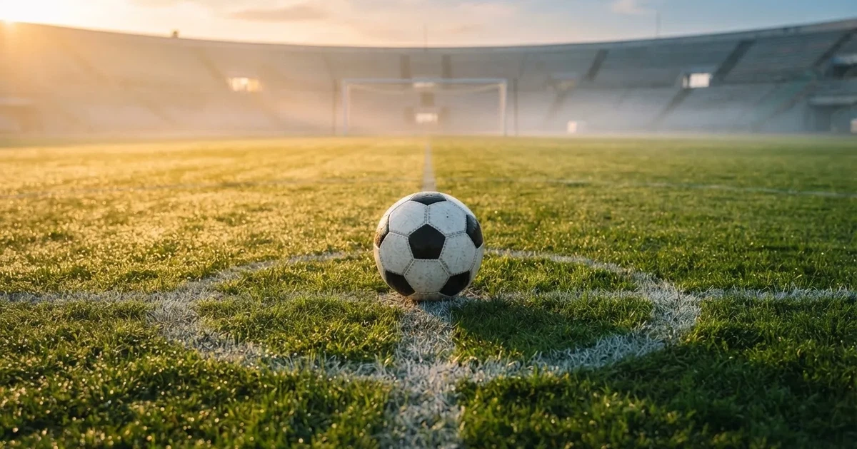 Een voetbal op de middenstip van een grasveld in het ochtendlicht