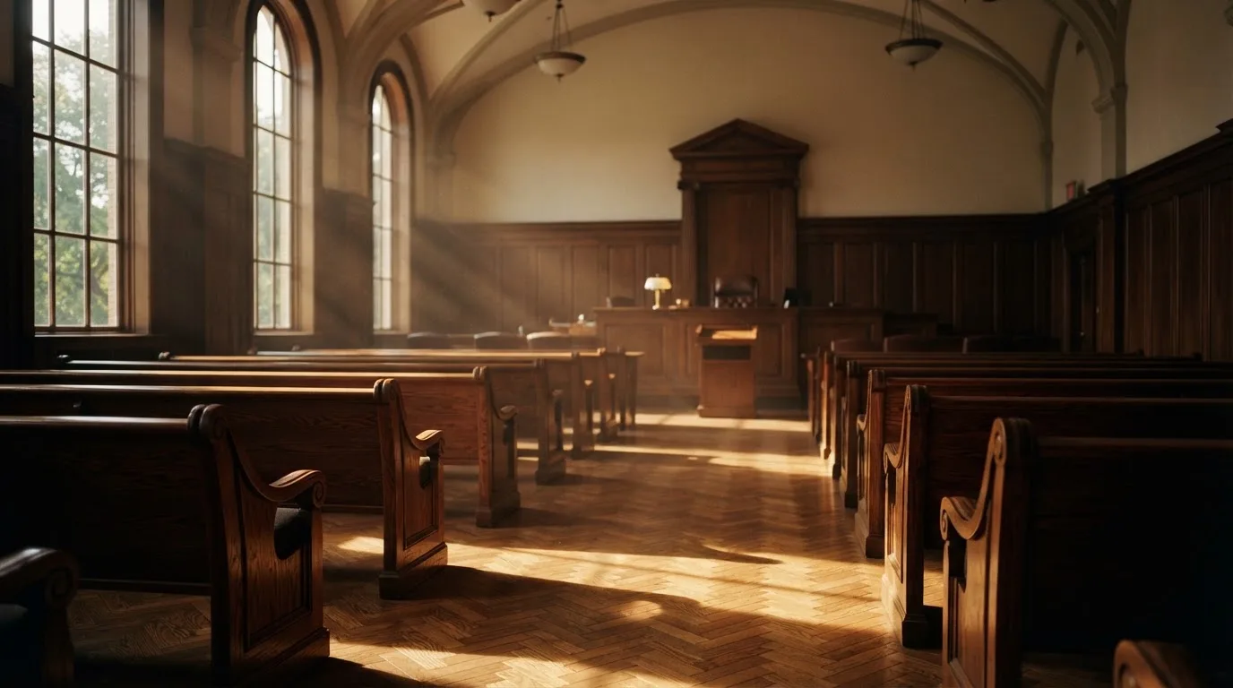 Een lege rechtszaal met houten banken in het ochtendlicht