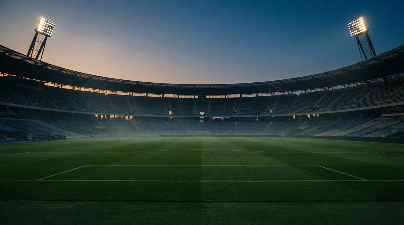 Een leeg voetbalstadion met lichtmasten bij schemering
