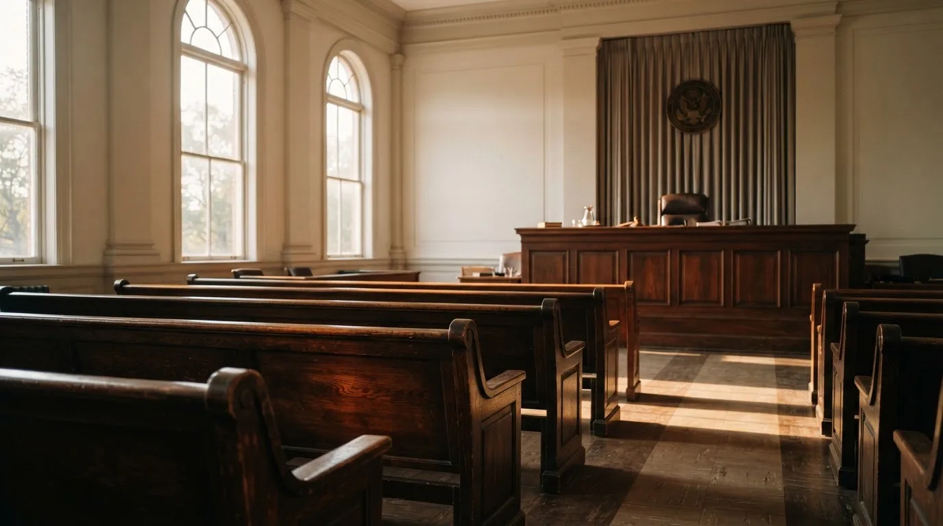 Een lege rechtszaal met houten banken in het ochtendlicht