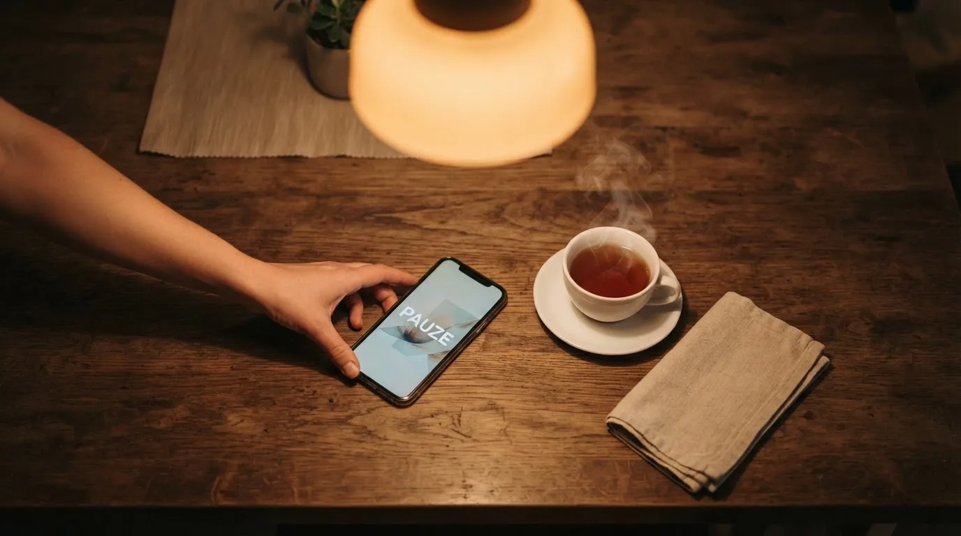 Een hand legt een smartphone naast een kopje thee op een keukentafel, een rustige avond
