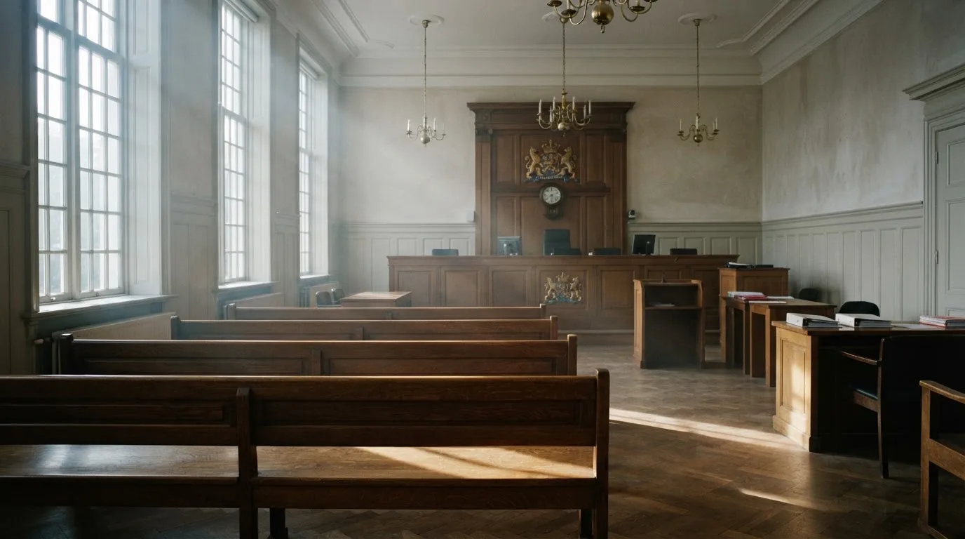 Een lege rechtszaal met houten banken in het ochtendlicht
