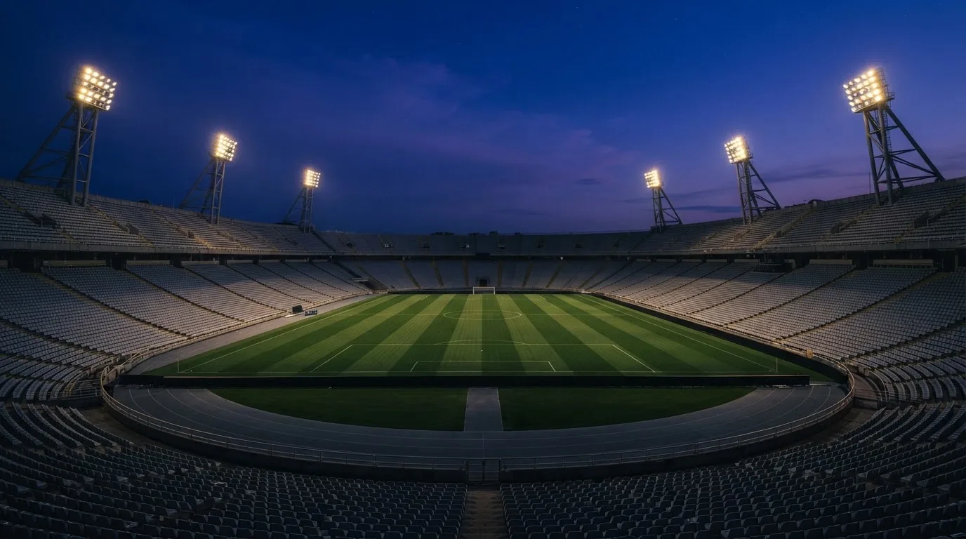 Een leeg voetbalstadion met lichtmasten bij schemering