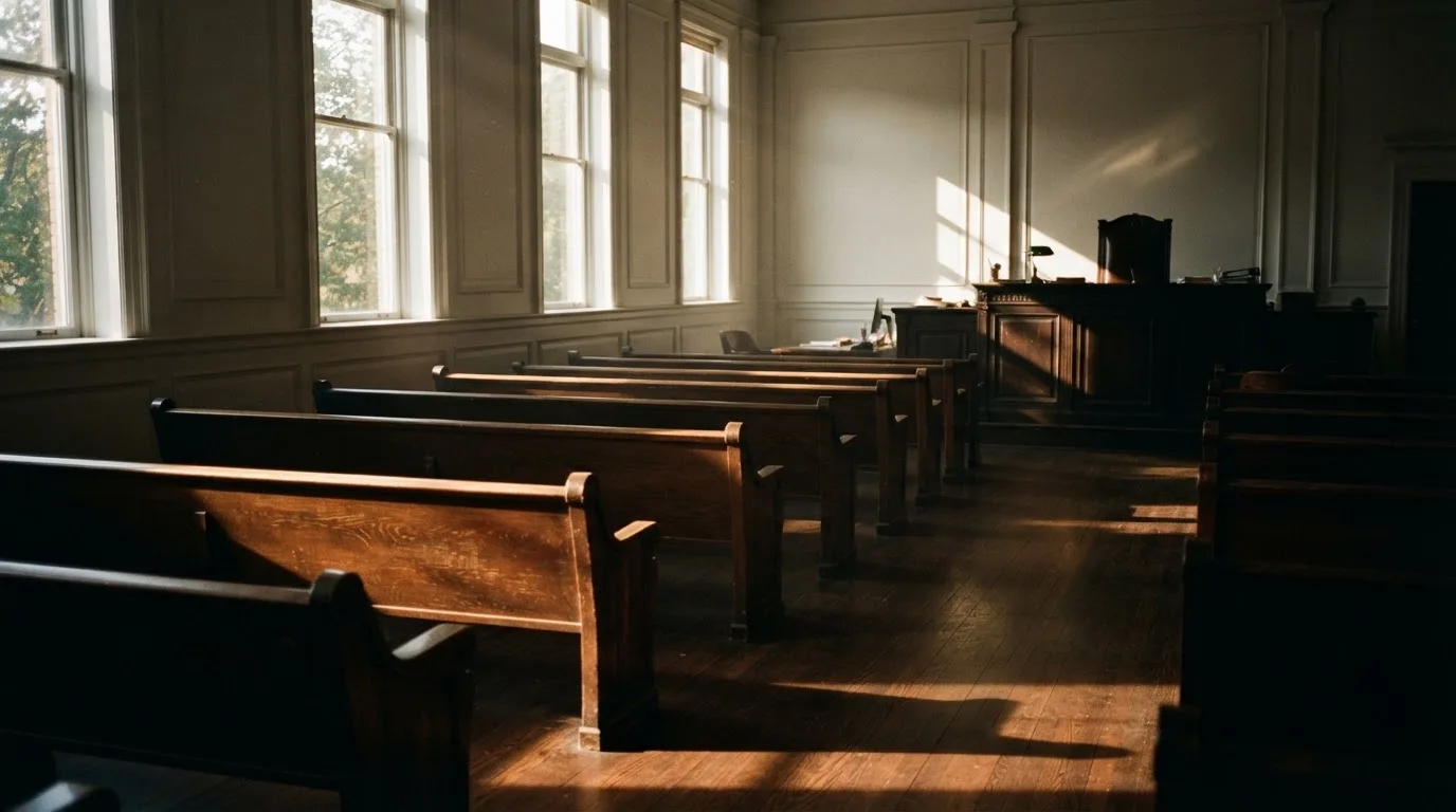 Een lege rechtszaal met houten banken in het ochtendlicht