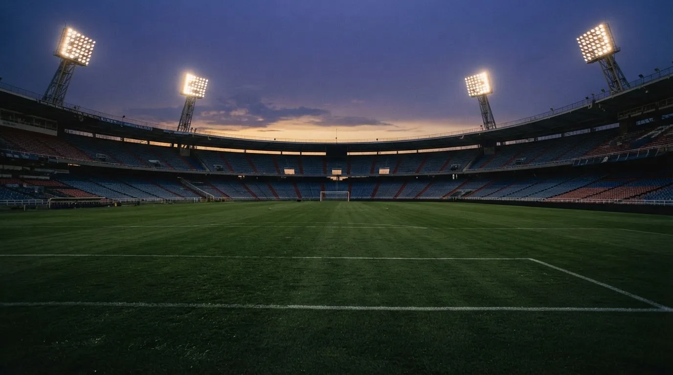 Een leeg voetbalstadion met lichtmasten bij schemering