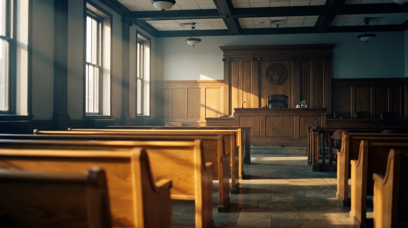 Een lege rechtszaal met houten banken in het ochtendlicht