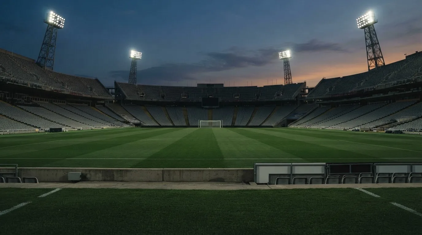 Een leeg voetbalstadion met lichtmasten bij schemering