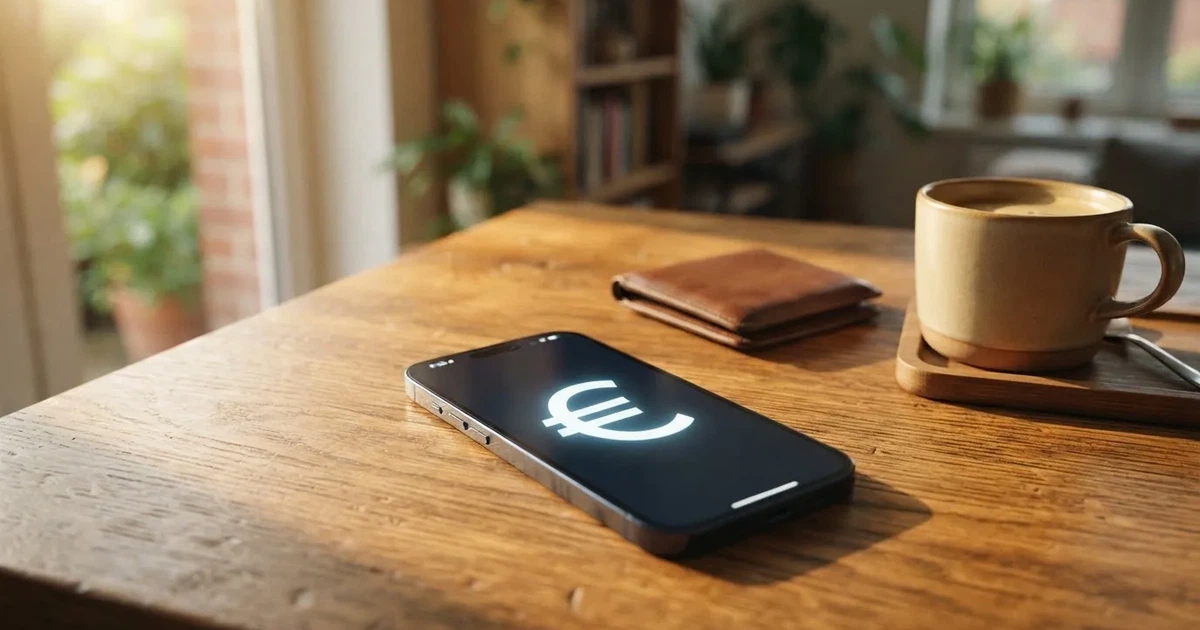 Een smartphone op een houten tafel naast een portemonnee en een kopje koffie