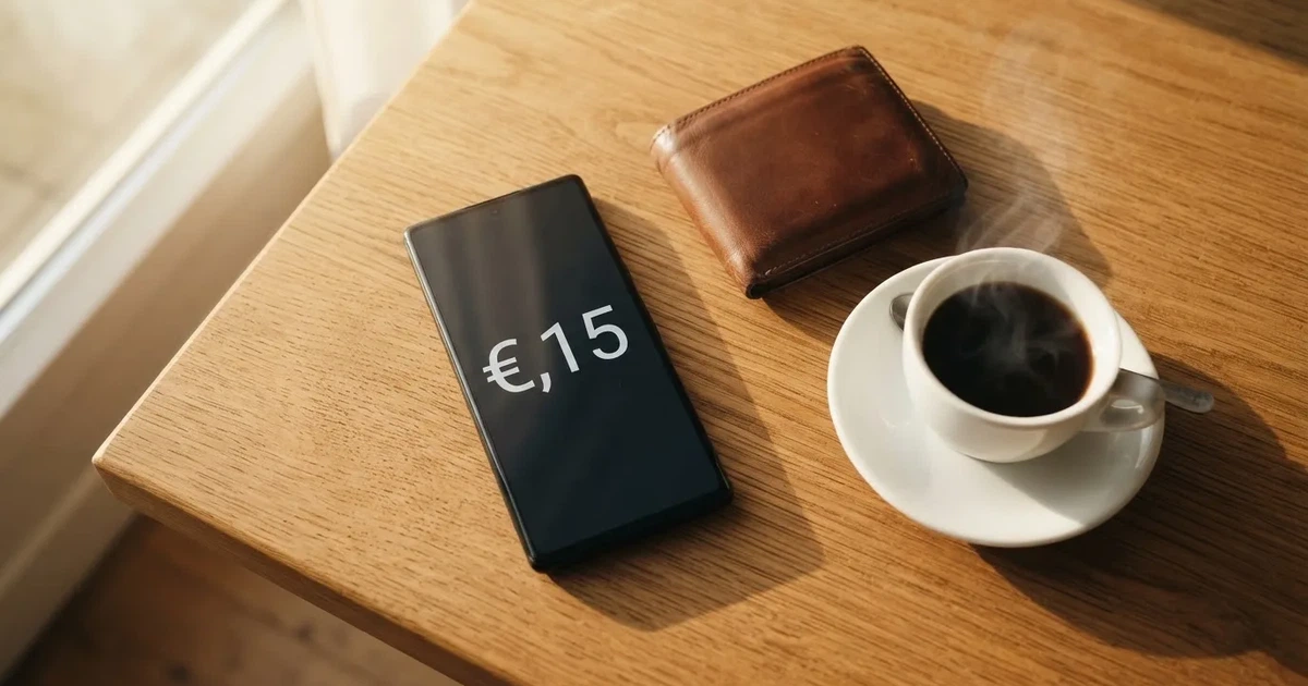 Een smartphone op een houten tafel naast een portemonnee en een kopje koffie