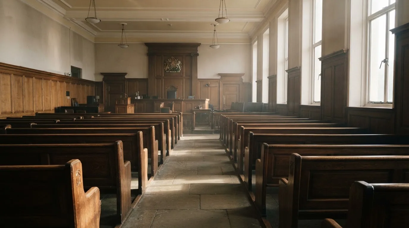 Een lege rechtszaal met houten banken in het ochtendlicht