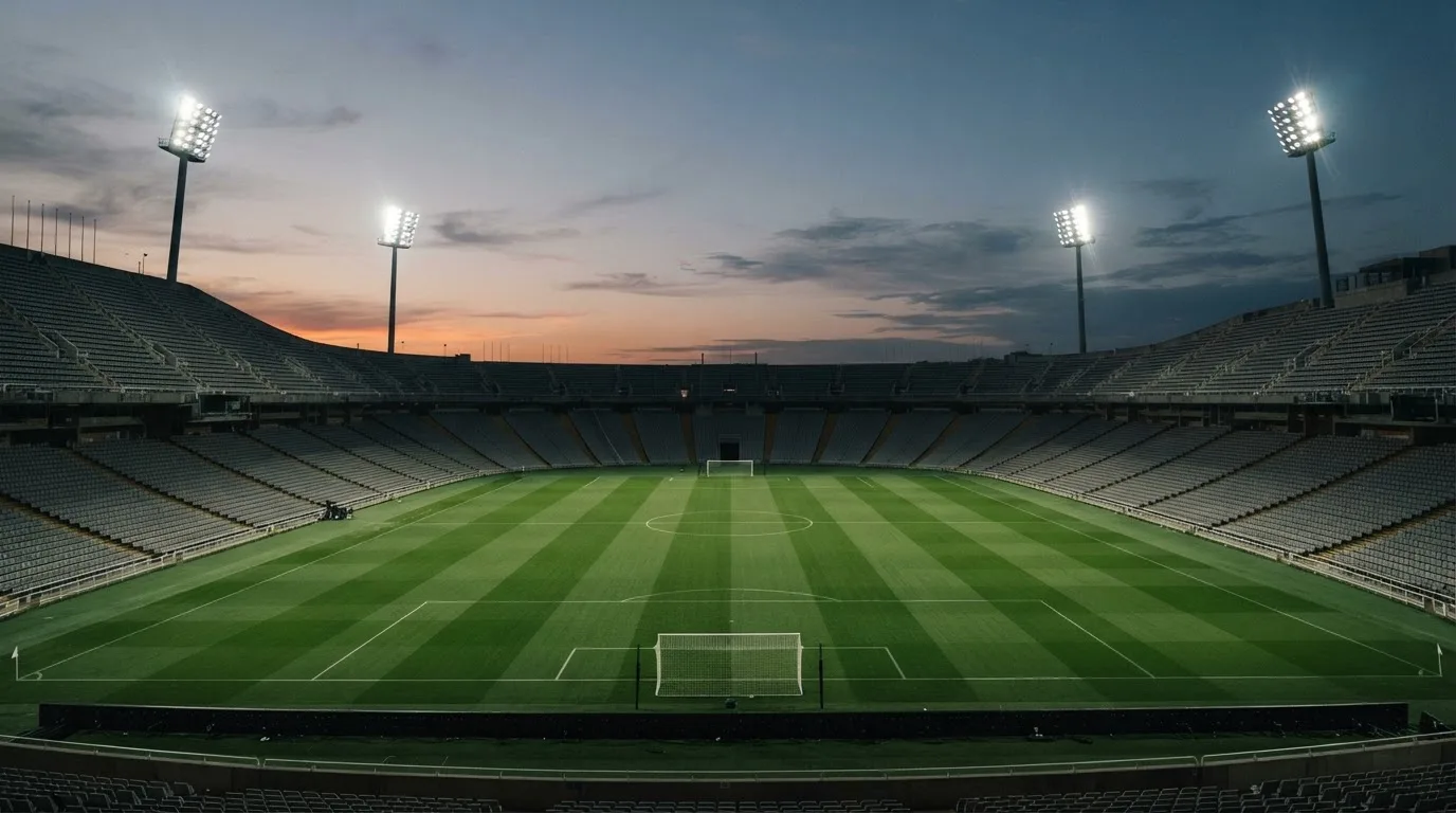 Een leeg voetbalstadion met lichtmasten bij schemering