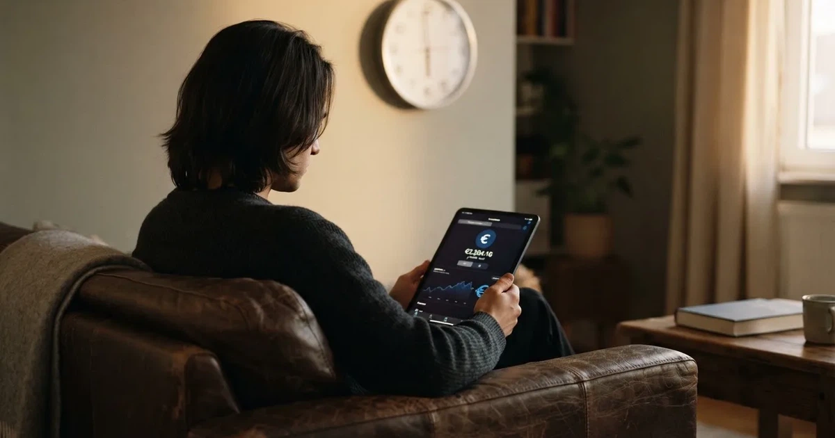Een persoon op de bank kijkt peinzend naar een tablet, op de achtergrond een klok aan de muur
