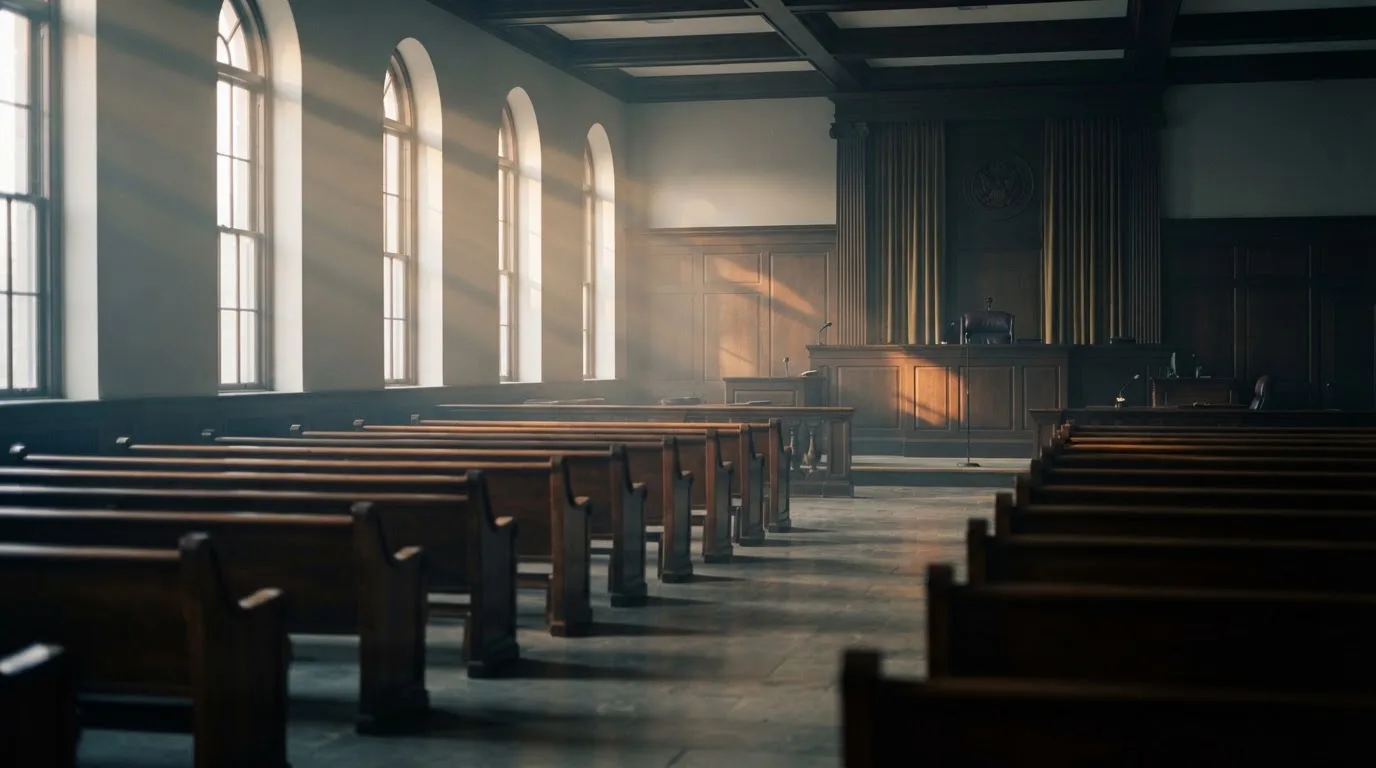 Een lege rechtszaal met houten banken in het ochtendlicht