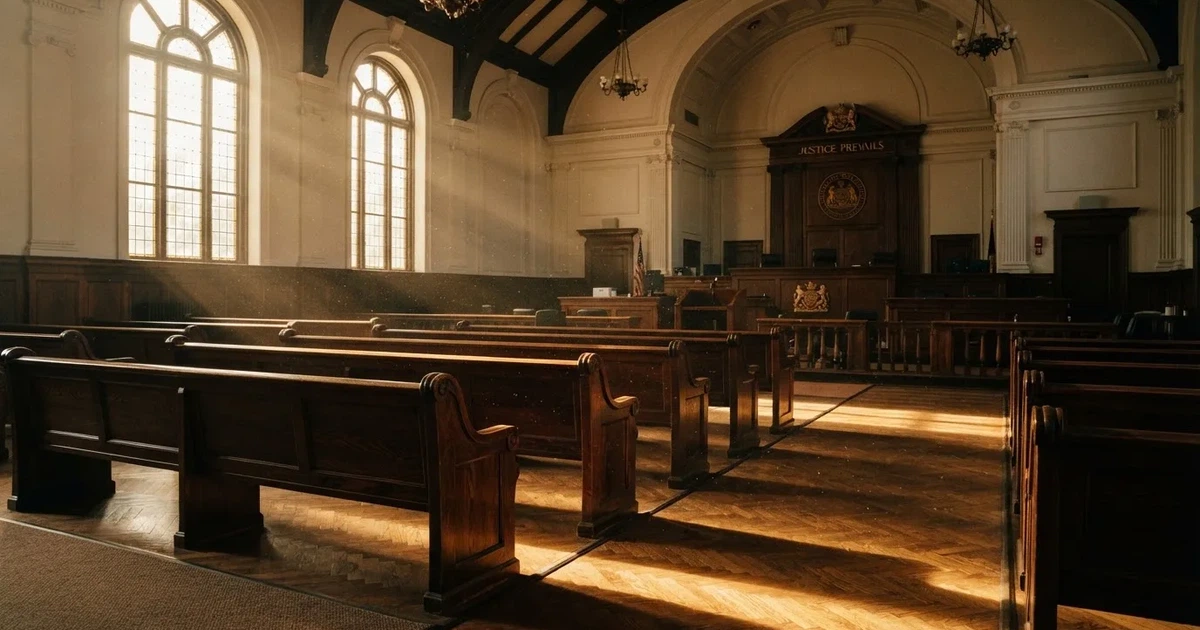 Een lege rechtszaal met houten banken in het ochtendlicht
