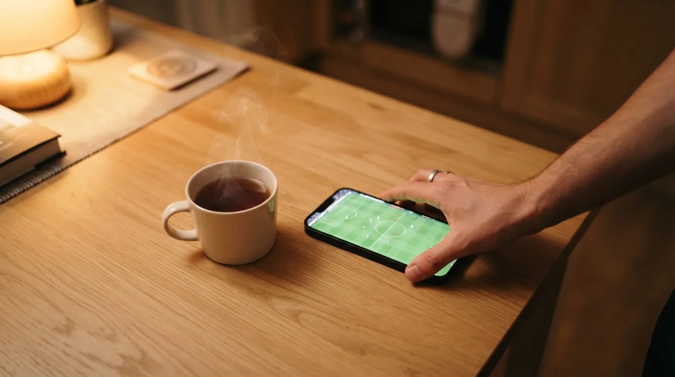 Een hand legt een smartphone naast een kopje thee op een keukentafel, een rustige avond
