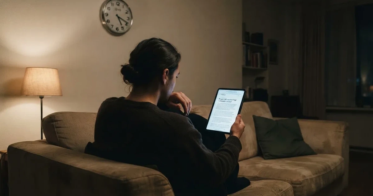 Een persoon op de bank kijkt peinzend naar een tablet, op de achtergrond een klok aan de muur