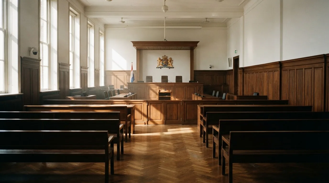 Een lege rechtszaal met houten banken in het ochtendlicht