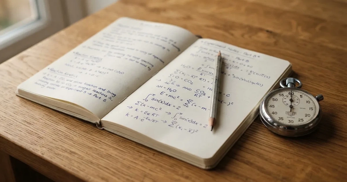 Een opengeslagen notitieboek met een potlood en een stopwatch op een houten tafel