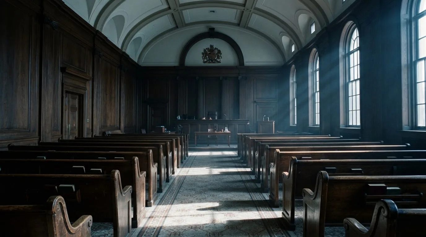 Een lege rechtszaal met houten banken in het ochtendlicht