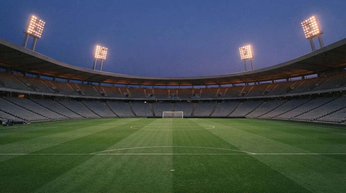 Een leeg voetbalstadion met lichtmasten bij schemering